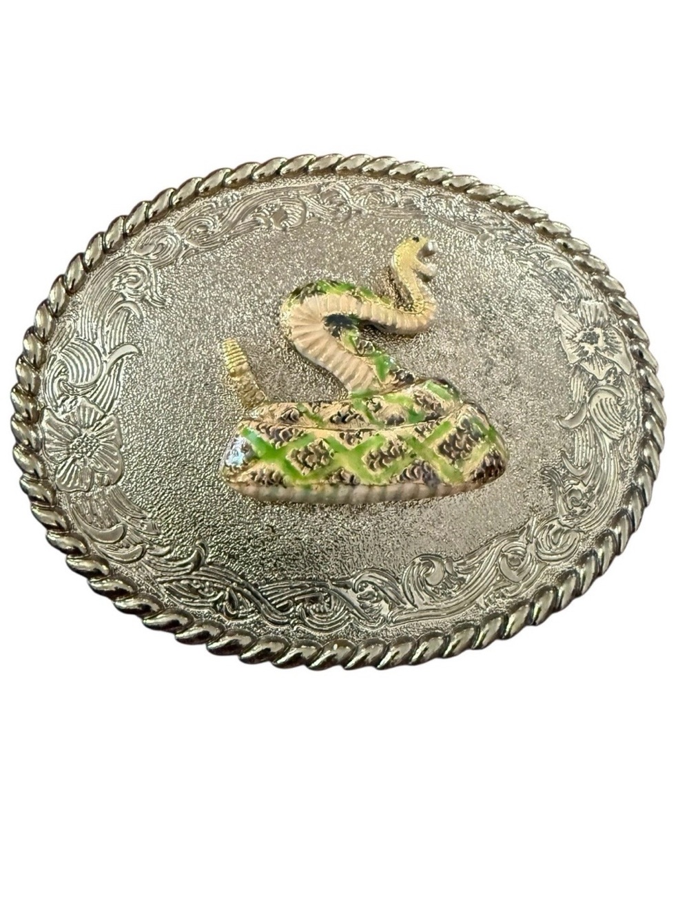 Vintage 1978 Rattlesnake Western Brass Belt Buckle Raintree Made In USA